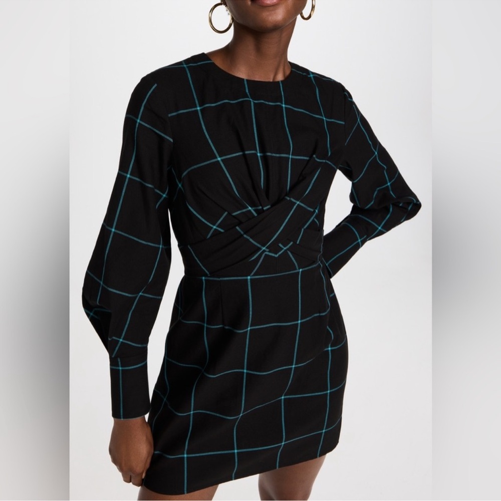 STAUD Black Grid Print Twist Waist Mini Dress Long Sleeve